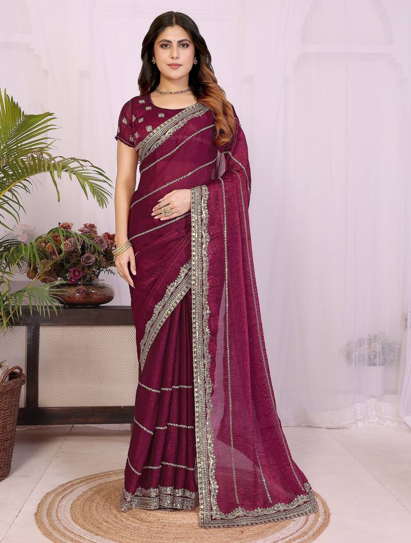 Burgundy fendy chiffon embroidery work saree with matching blouse piece