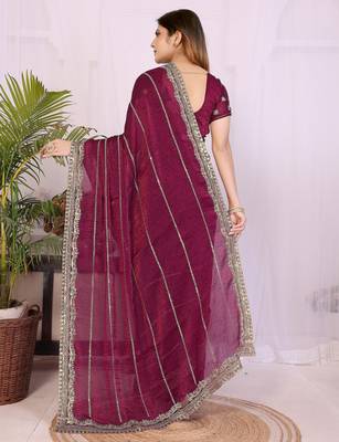Burgundy fendy chiffon embroidery work saree with matching blouse piece 2