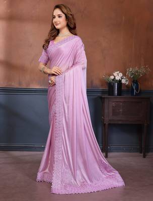 Pink lycra dudrop polka dot lace embroiderd saree with matching blouse piece 3