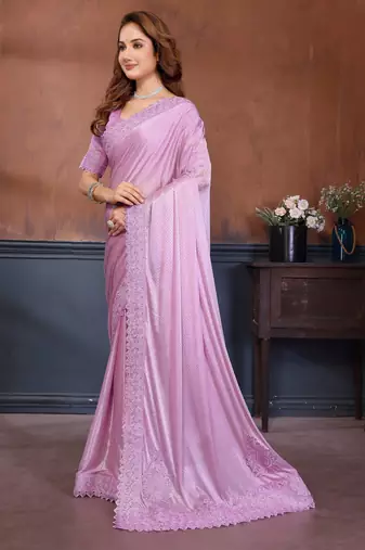 Pink lycra dudrop polka dot lace embroiderd saree with matching blouse piece