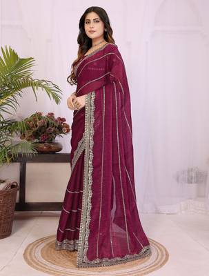 Burgundy fendy chiffon embroidery work saree with matching blouse piece 3