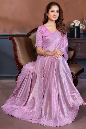 Pink lycra dudrop polka dot lace embroiderd saree with matching blouse piece