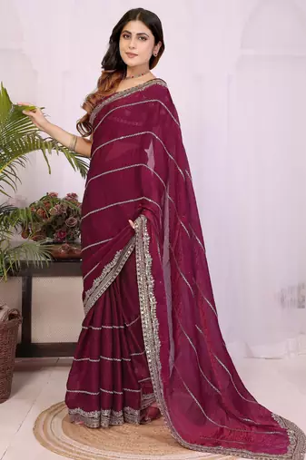 Burgundy fendy chiffon embroidery work saree with matching blouse piece