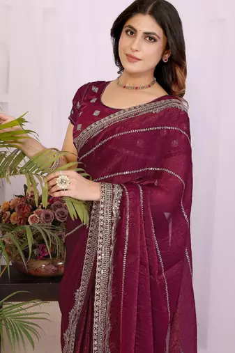 Burgundy fendy chiffon embroidery work saree with matching blouse piece