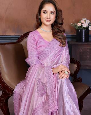 Pink lycra dudrop polka dot lace embroiderd saree with matching blouse piece 5