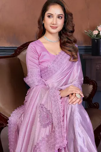 Pink lycra dudrop polka dot lace embroiderd saree with matching blouse piece