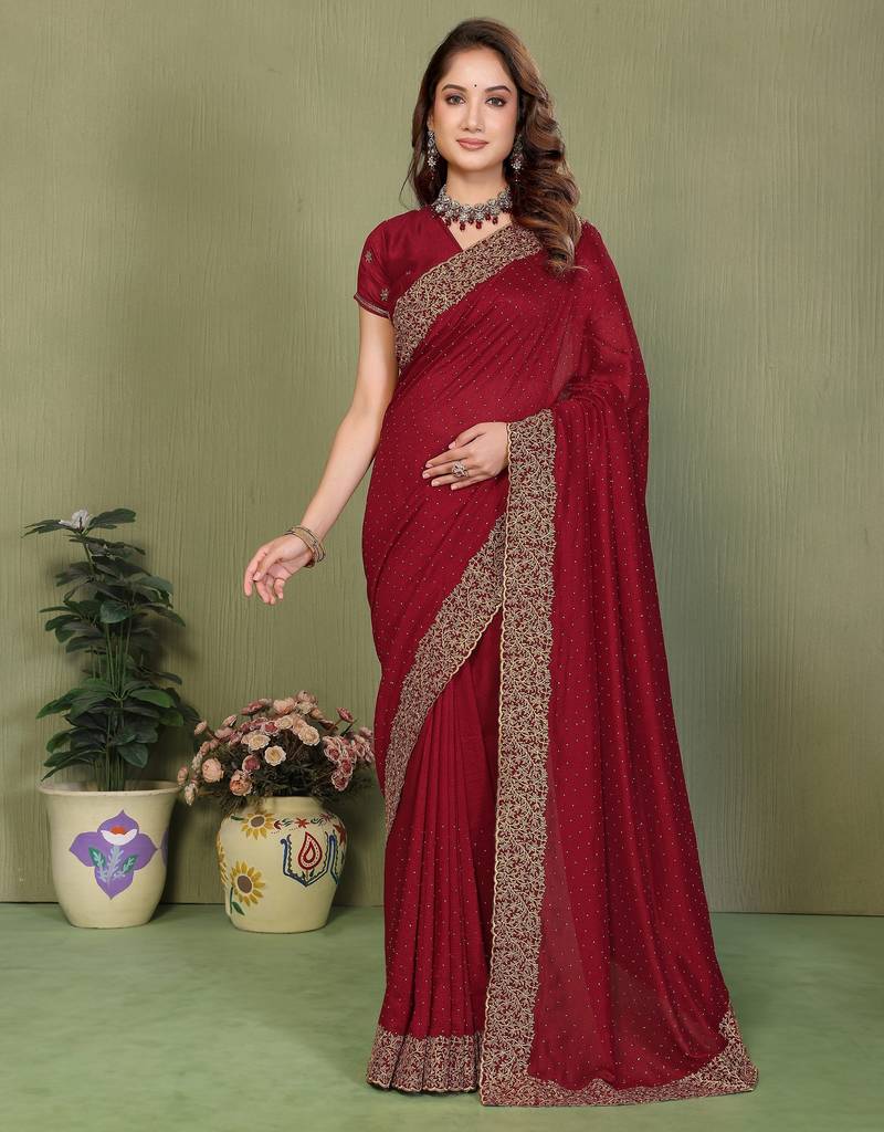 Maroon vichitra silk embroiderd jari work saree with matching blouse piece