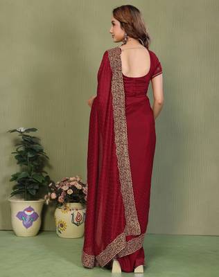 Maroon vichitra silk embroiderd jari work saree with matching blouse piece 2