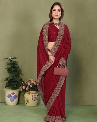 Maroon vichitra silk embroiderd jari work saree with matching blouse piece 4