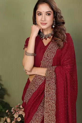 Maroon vichitra silk embroiderd jari work saree with matching blouse piece