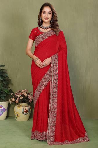 Red vichitra silk embroiderd jari work saree with matching blouse piece