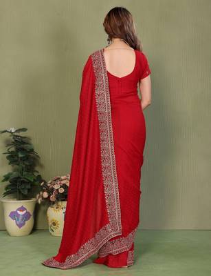 Red vichitra silk embroiderd jari work saree with matching blouse piece 2