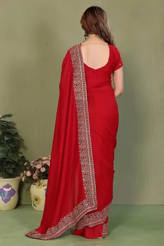 Red vichitra silk embroiderd jari work saree with matching blouse piece