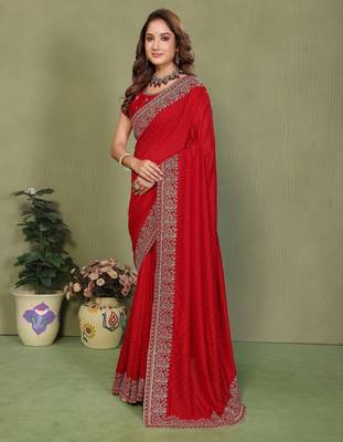 Red vichitra silk embroiderd jari work saree with matching blouse piece 3