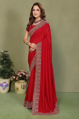 Red vichitra silk embroiderd jari work saree with matching blouse piece