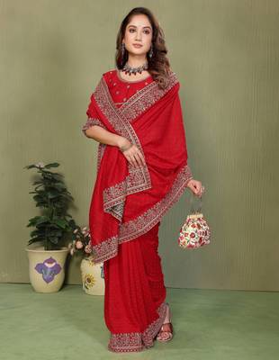 Red vichitra silk embroiderd jari work saree with matching blouse piece 4