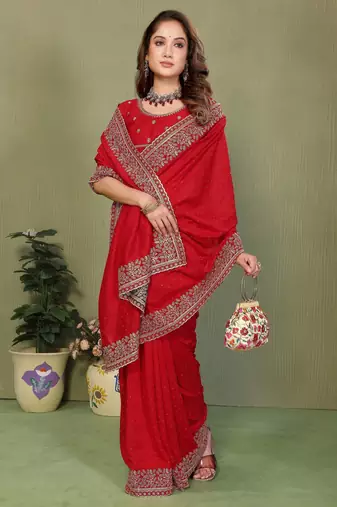 Red vichitra silk embroiderd jari work saree with matching blouse piece