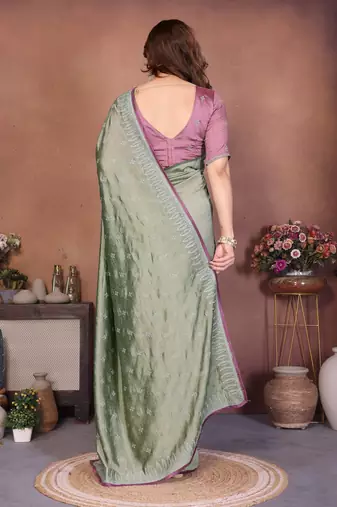 Olive vichitra silk embroidery work saree with contrast blouse piece