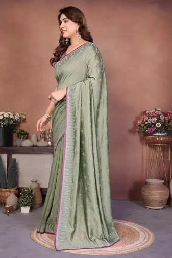 Olive vichitra silk embroidery work saree with contrast blouse piece