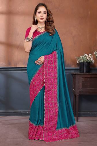 Teal vichitra silk bandhani patta stone work saree with contrast blouse piece