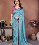 Blue vichitra silk embroidery work saree with contrast blouse piece
