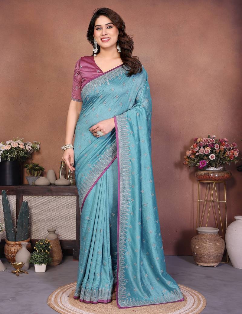 Blue vichitra silk embroidery work saree with contrast blouse piece
