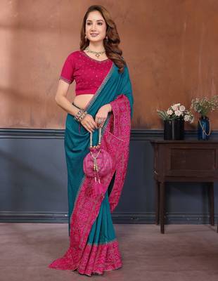 Teal vichitra silk bandhani patta stone work saree with contrast blouse piece 4