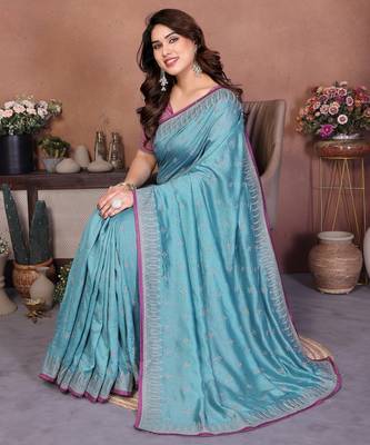 Blue vichitra silk embroidery work saree with contrast blouse piece 4