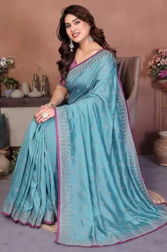 Blue vichitra silk embroidery work saree with contrast blouse piece