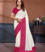 White vichitra silk bandhani patta stone work saree with contrast blouse piece