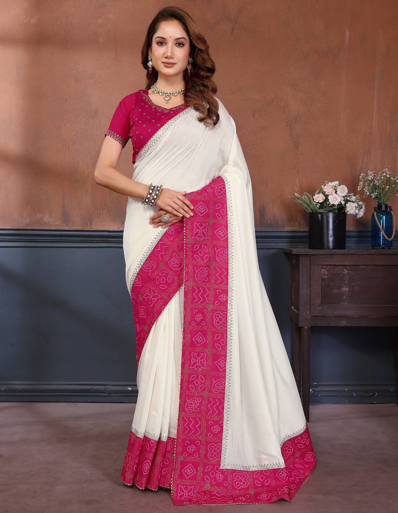 White vichitra silk bandhani patta stone work saree with contrast blouse piece