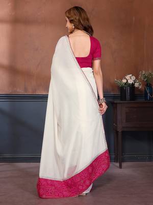 White vichitra silk bandhani patta stone work saree with contrast blouse piece 2