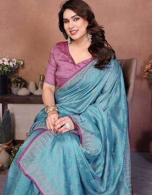 Blue vichitra silk embroidery work saree with contrast blouse piece 5