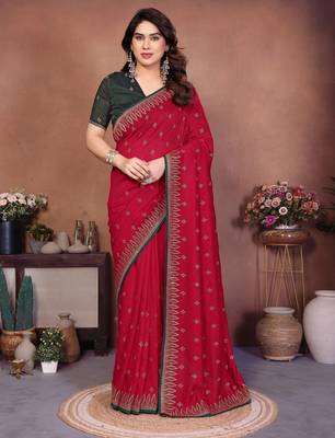 Red vichitra silk embroidery work saree with contrast blouse piece 1