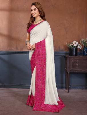 White vichitra silk bandhani patta stone work saree with contrast blouse piece 3