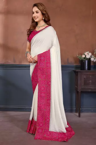 White vichitra silk bandhani patta stone work saree with contrast blouse piece
