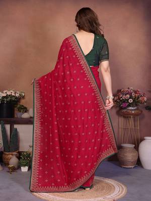 Red vichitra silk embroidery work saree with contrast blouse piece 2