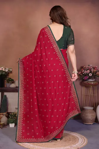 Red vichitra silk embroidery work saree with contrast blouse piece