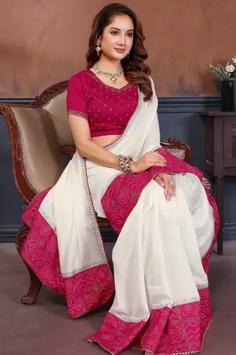 White vichitra silk bandhani patta stone work saree with contrast blouse piece
