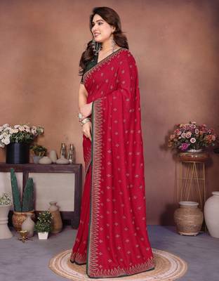 Red vichitra silk embroidery work saree with contrast blouse piece 3