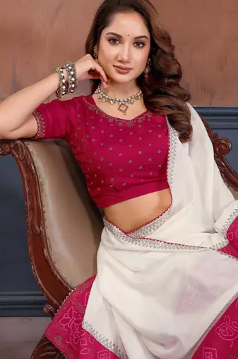 White vichitra silk bandhani patta stone work saree with contrast blouse piece