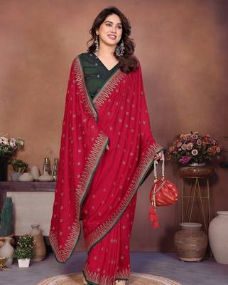Red vichitra silk embroidery work saree with contrast blouse piece 4