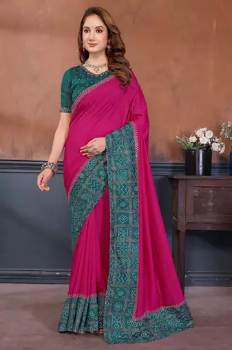 Pink vichitra silk bandhani patta stone work saree with contrast blouse piece