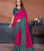 Pink vichitra silk bandhani patta stone work saree with contrast blouse piece