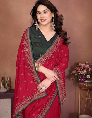 Red vichitra silk embroidery work saree with contrast blouse piece 5