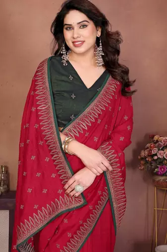 Red vichitra silk embroidery work saree with contrast blouse piece