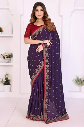 Purple vichitra silk embroidery work saree with contrast blouse piece