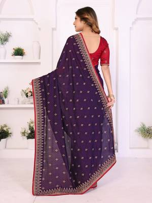 Purple vichitra silk embroidery work saree with contrast blouse piece 2