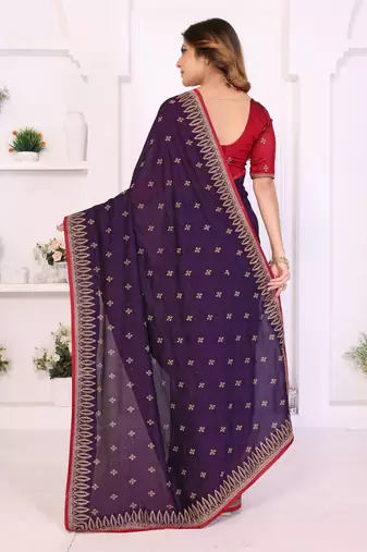 Purple vichitra silk embroidery work saree with contrast blouse piece