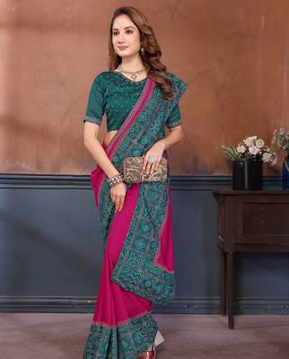 Pink vichitra silk bandhani patta stone work saree with contrast blouse piece 4